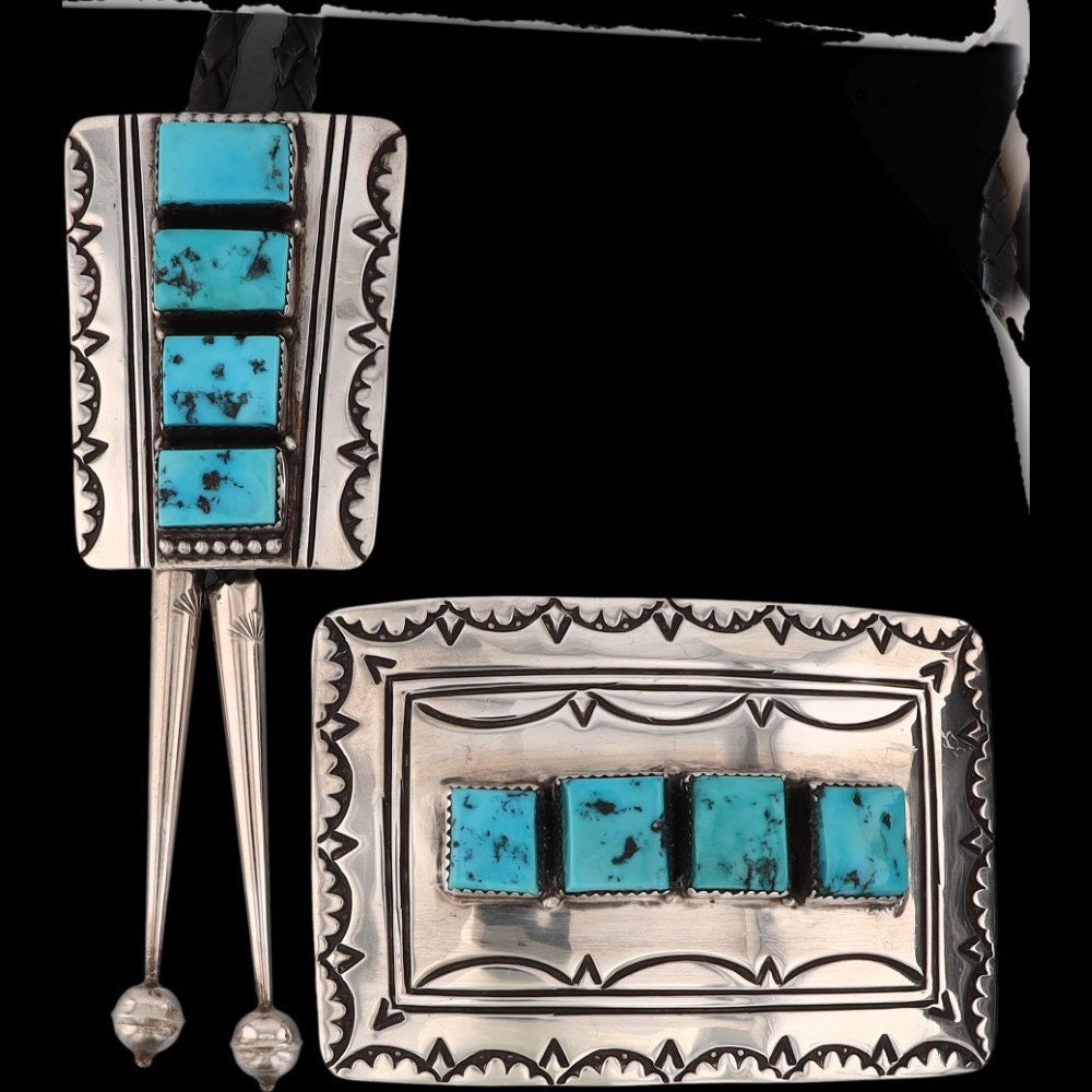 Set Sterling Silver Turquoise Native American Ojn Bolo Tie 