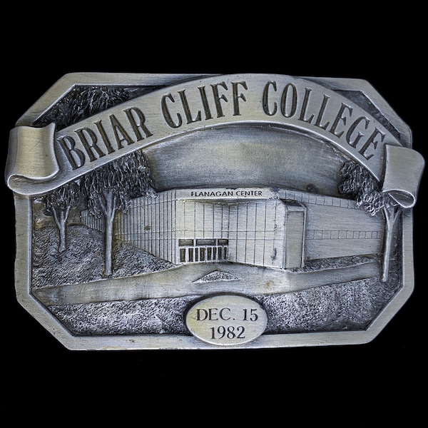 Briarcliff College University Sioux City Iowa Newman Flanagan Center Teacher Student Gift Mens Metal 1980s 1982 NOS Vintage Belt Buckle