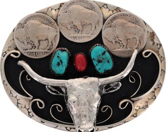 Grizzly Bear Buffalo Nickels Belt Buckle Turquoise Coral Western Rockabilly il_fullxfull.3975351231_26q8.jpg main image 3