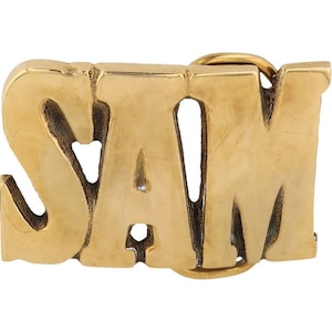 Etiqueta de nombre de latón nuevo Sam Samuel Sammy, hebilla de cinturón vintage de los años 70, estilo hippie, estilo retro, con letras de burbuja y barra "Hola, mi hijo"