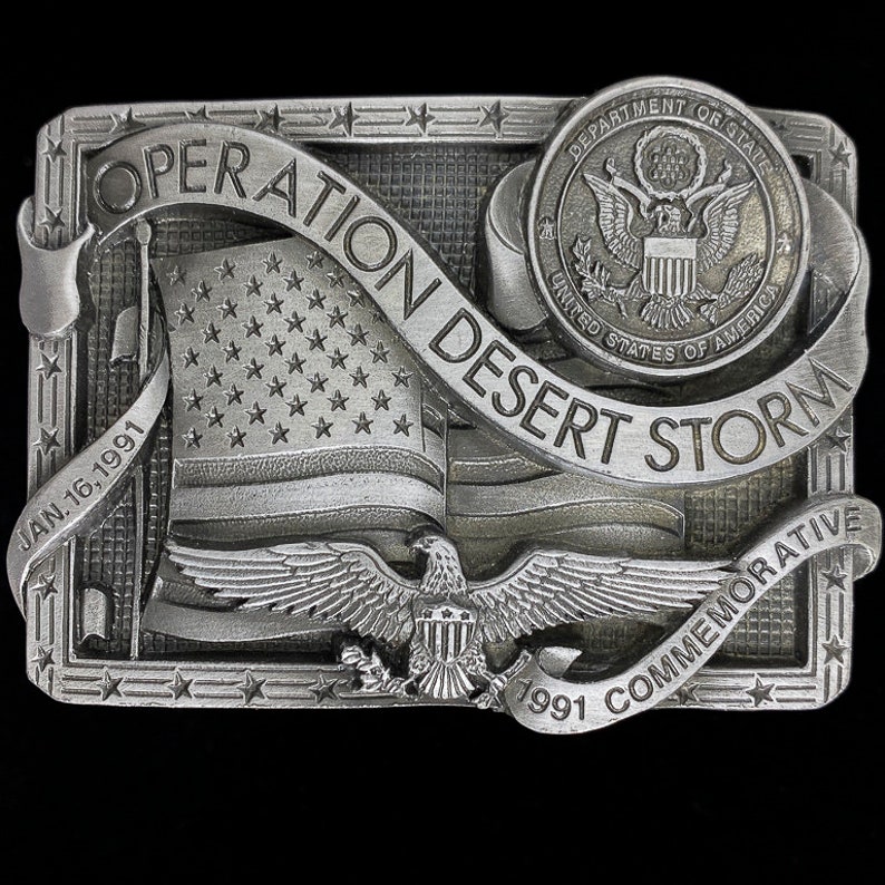 Operation Desert Storm Us Air Force Marines Navy Army Iraq Kuwait Persian Gulf War Commemorative 1990s 1991 Nos Vintage Belt Buckle