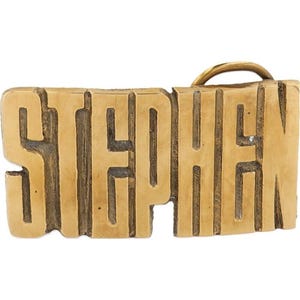 Etiqueta de nombre de Stephen Steve Stevie Steven de latón nuevo, hebilla de cinturón vintage de los años 70, estilo hippie, estilo retro, con letras de burbuja y barra "Hola, mi hijo"