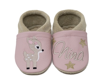 Crawling shoes with name and fawn motif, leather slippers with name, real leather baby shoes, kindergarten shoes with name, baptism gift