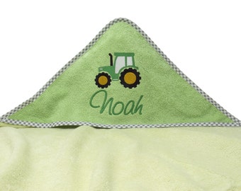 Hooded towel with name and tractor motif, embroidered, christening gift, hooded baby towel, personalized bath towel, baby shower