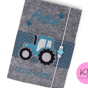 U Heft Hülle aus Filz personalisiert Traktor, Geschenk zur Geburt, Untersuchungsheft Hülle personalisiert, U-Heft mit Impfpasstasche