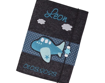 U Heft Hülle aus Filz, personalisiert, Flugzeug, Geschenk zur Geburt, Babyparty, U-Hefthülle personalisiert, Uheft Hülle mit Impfpass Tasche