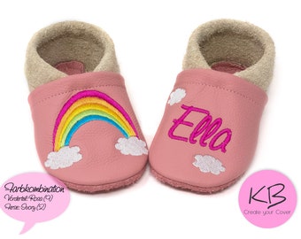 Personalized crawling shoes, leather slippers with name and rainbow motif, christening gift, kindergarten shoes, first walker shoes, baby slippers