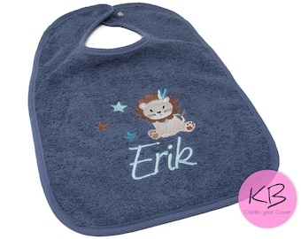 Bib with snap fastener name and lion motif, personalized baby bib, small gift for birth, bib with name, baptism gift