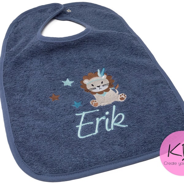 Bib embroidered with press stud name and lion motif