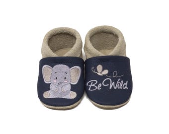 Personalized crawling shoes, leather booties with name and elephant motif, genuine leather, christening gift, kindergarten leather booties, baby booties