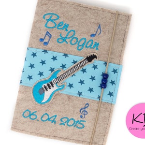 U Heft Hülle aus Filz personalisiert, Motiv E-Gitarre, Untersuchungshefthülle mit Impfpassfach, Geschenk zur Geburt, U-Hefthülle mit Namen