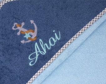 Kapuzenhandtuch mit Namen und Motiv Anker Maritim bestickt, Geschenk zur Taufe, Babyhandtuch personalisiert, Badehandtuch mit Kapuze, Taufe