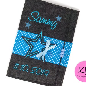 U Heft Hülle aus Filz personalisiert, Motiv Stern,  Untersuchungsheft Hülle mit Impfpasstasche, Geschenk zur Geburt, Babyparty, U-Hefthülle