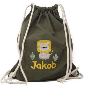 Gymtas met naam en leeuwenmotief, geborduurd, gymtas voor de kinderopvang, gepersonaliseerde sporttas, cadeau voor de start van de school, schoolgymtas