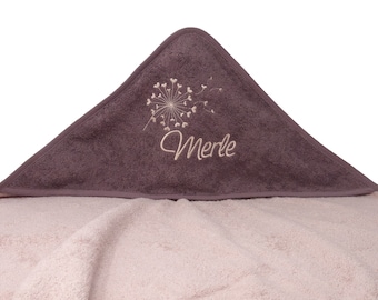 Hooded bath towel with name and dandelion motif, hooded bath towel for babies, gift for christening, gift for birth, baby shower