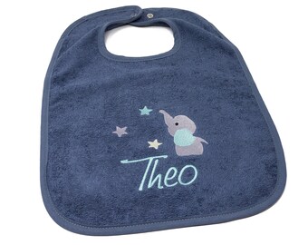 Bib with snap fastener name and motif elephant embroidered, gift for birth, baptism, baby bib personalized, bib with name