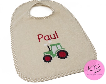 Bib with snap fastener name and tractor motif, embroidered tractor, gift for birth, personalized baby bib, small gift, baptism