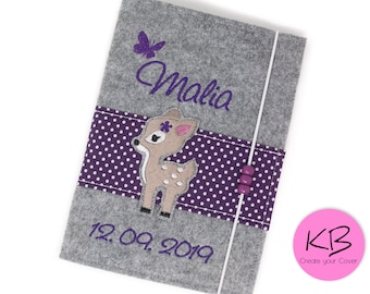 U-book cover made of felt, personalized, fawn motif, examination book cover, gift for birth, felt cover for U-book