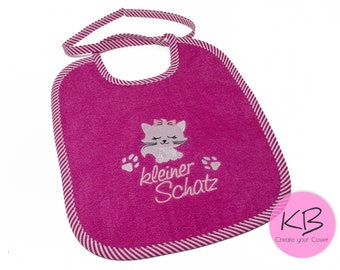 Lätzchen zum binden mit Namen und Motiv Katze, Geschenk zur Geburt, Babyparty, Taufgeschenk, Babylätzchen personalisiert, Lätzchen mit Namen