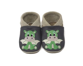 Dragon crawling shoes, customizable, leather slippers with dragon motif, genuine leather kindergarten shoes, baby slippers, christening gift