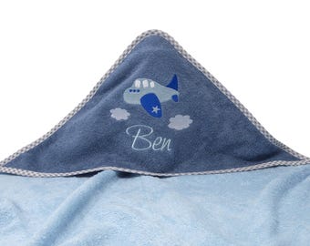 Hooded towel with name and airplane motif, embroidered, gift for birth, christening, personalized baby towel, hooded bath towel