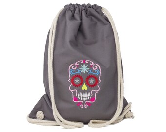 Gym bag embroidered with name and Mexican Skull motif, sports bag, gym bag for kindergarten, sports backpack, gift for starting school