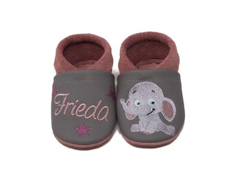 Personalized baby shoes, leather booties with name and elephant motif, gift for birth, christening gift, kindergarten shoes, baby booties