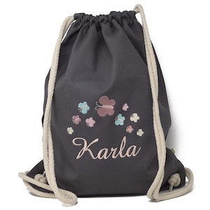Turnbeutel mit Namen und Motiv Schmetterlinge bestickt, Sportbeutel personalisiert, Geschenk zur Einschulung, Kindergarten Turnbeutel