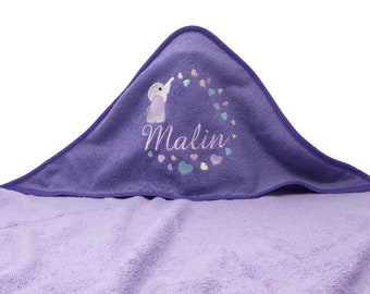 Kapuzenhandtuch mit Namen und Motiv Elefant bestickt, Geschenk zur Taufe, Geburt, Babyhandtuch personalisiert, Babdehandtuch mit Kapuze