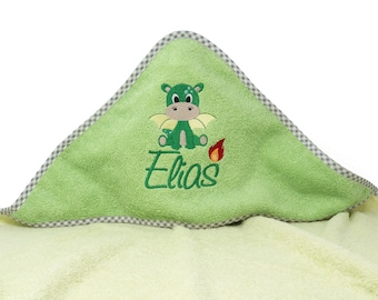Hooded towel with name and baby dragon motif, baby towel, christening gift, hooded bath towel, birth gift