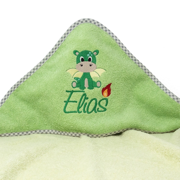 Hooded towel embroidered with name and baby dragon motif