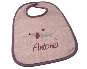 Bib with snap fastener name, motif puppy, dachshund, baby bib personalized, small gift, baptism gift, bib with name