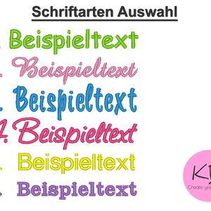 May include: A graphic showing six different font styles for text, labeled 1 through 6. The text in each font style reads "Beispieltext". The graphic also includes a logo for "KB Create your Cover".