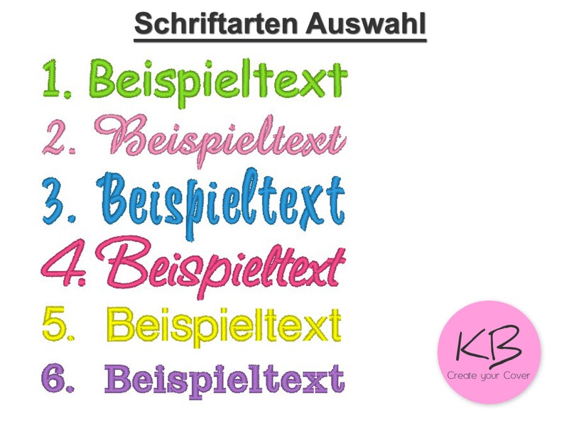 May include: A graphic showing six different font styles for text, labeled 1 through 6. The text in each font style reads "Beispieltext". The graphic also includes a logo for "KB Create your Cover".