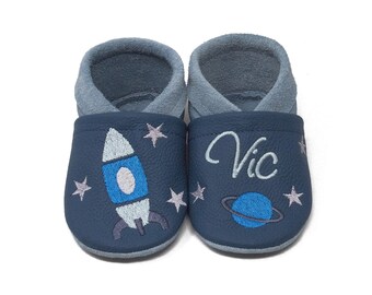 Personalized crawling shoes, eco-leather slippers with name and rocket motif, gift for baptism, birth, slippers, baby slippers, kindergarten