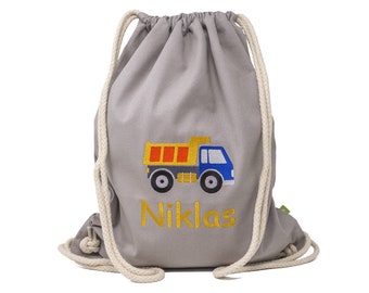 Gym bag embroidered with name and motif construction site truck tipper, sports bag, gift for school enrollment, kindergarten gym bag, backpack