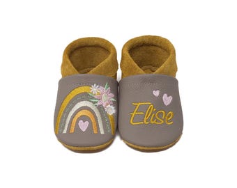 Personalized crawling shoes, leather slippers with name and Boho rainbow motif, christening gift, kindergarten shoes, baby slippers, birth