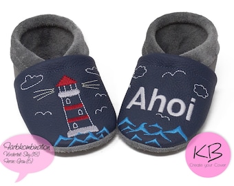 Personalized crawling shoes, leather slippers with name and lighthouse motif, maritime, eco baby slippers, christening gift, first walker shoes