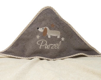 Hooded towel with name and puppy motif, personalized baby towel, christening gift, hooded bath towel for children