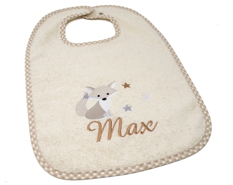 Bib with snap fastener name and fox motif embroidered, gift for birth, personalized baby bib, bib with name, christening gift