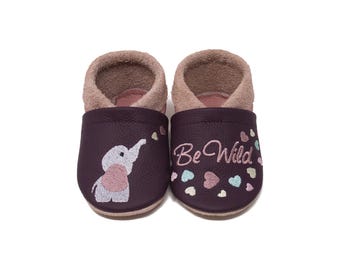 Crawling shoes with name Elephant, leather slippers personalized, real leather, kindergarten shoes personalized, christening gift, baby slippers