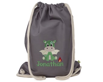 Turnbeutel mit Namen und Motiv Drache bestickt, Sportbeutel personalisiert, Geschenk zur Einschulung, Turnbeutel Kindergarten, Turnbeutel