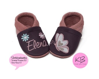 Leather baby shoes with name and butterfly motif, personalized christening gift, genuine leather kindergarten shoes