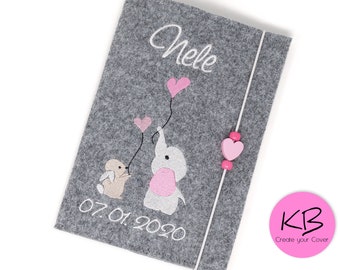 Personalized felt booklet cover, rabbit and elephant design, birth gift, examination booklet cover with vaccination card pocket, booklet cover with name