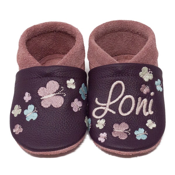 Crawling shoes leather slippers with name and butterfly motif embroidered in real leather
