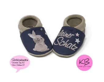 Personalized leather baby shoes embroidered with a rabbit motif, genuine leather baby shoes, christening gift, kindergarten shoes