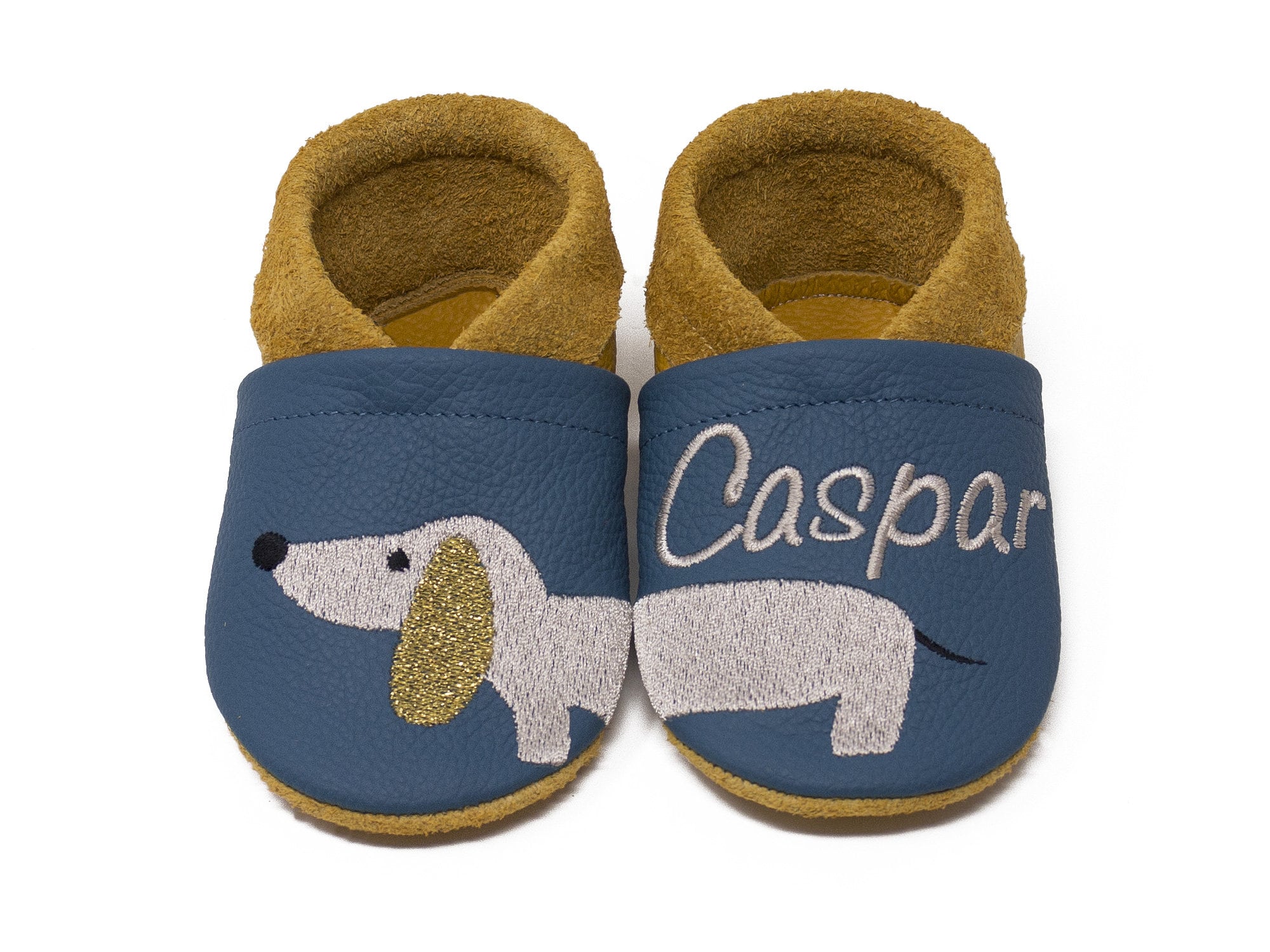 Crawling shoes personalized, leather slippers with name and motif puppy dog embroidered, real leather, gift for baptism, first walker shoes