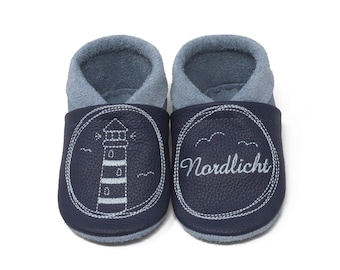 Crawling shoes with name, leather slippers personalized, maritime lighthouse motif, real leather kindergarten shoes, baptism gift, baby slippers