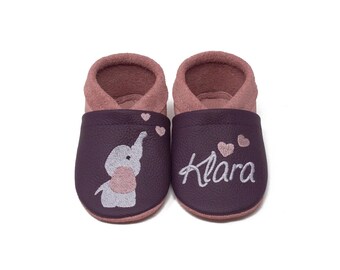 Personalized crawling shoes, leather slippers with name and elephant motif, kindergarten shoes, birth gift, baby slippers, baby shower