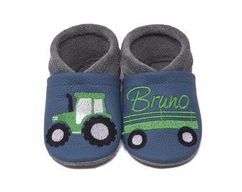 Personalized crawling shoes, leather slippers with name and tractor motif, christening gift, kindergarten shoes, baby slippers